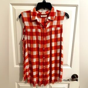 Beach Lunch Lounge Fringe Button Polo Tank Top Orange Plaid  Country Size XL